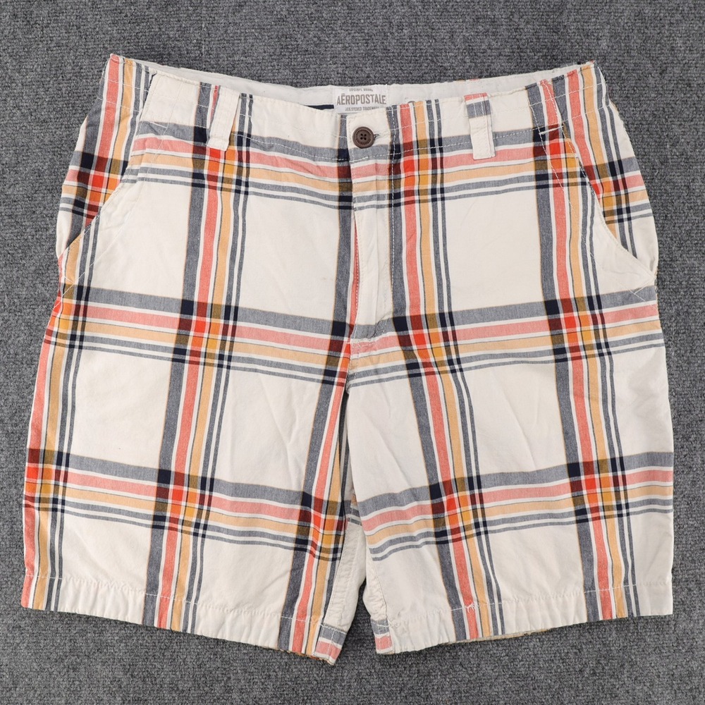 Aeropostale Mens 38 Flat Front Plaid Shorts White Orange Navy Blue Cotton Casual